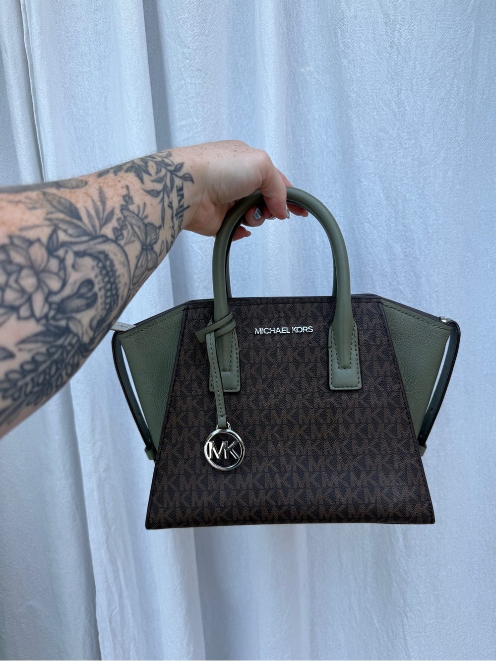 Michael Kors Olive Green & Brown Logo Satchel